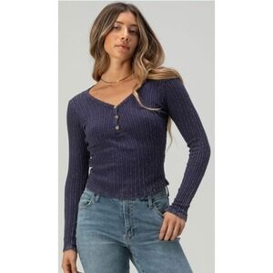 Tillys Womens Ribbed Henley Top Long Sleeve Navy Blue V Neck Buttons Size M